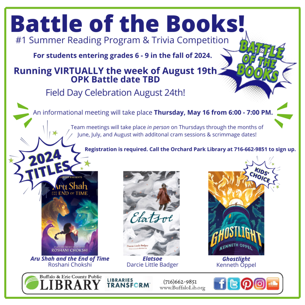 Battle of the Books 2024 is BACK! Info meeting will take place on Thursday, May 16 from 6-7 PM