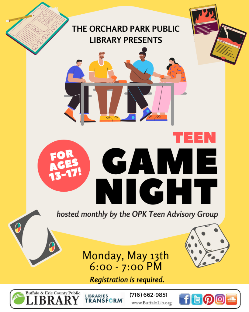 May's Teen Game Night is Monday, May 13th from 6-7 PM