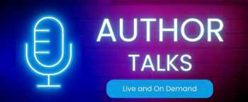 Image of a microphone and the words "author talks"