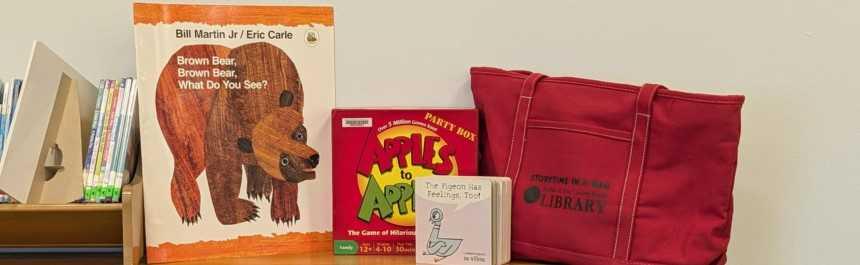 Items that can be borrowed from the library including board games and books. 