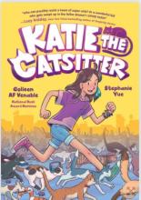 Book cover of Katie the Catsitter. Girl and cats running