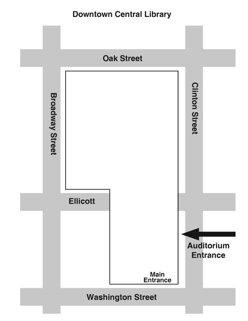 image showing the auditorium entrance in relation to the Central Library building and nearby streets
