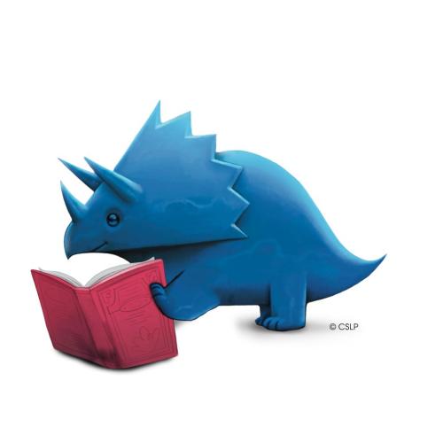 blue triceratops reading a red book.