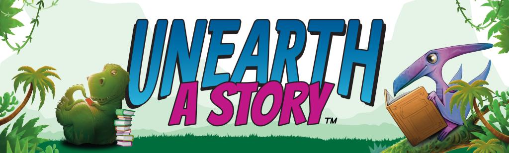 unearth a story with a green meat eating dinosaur reading a tiny red book while propped up against a pile of books and a purple flying prehistoric reptile reading a tan book while perched on a branch.
