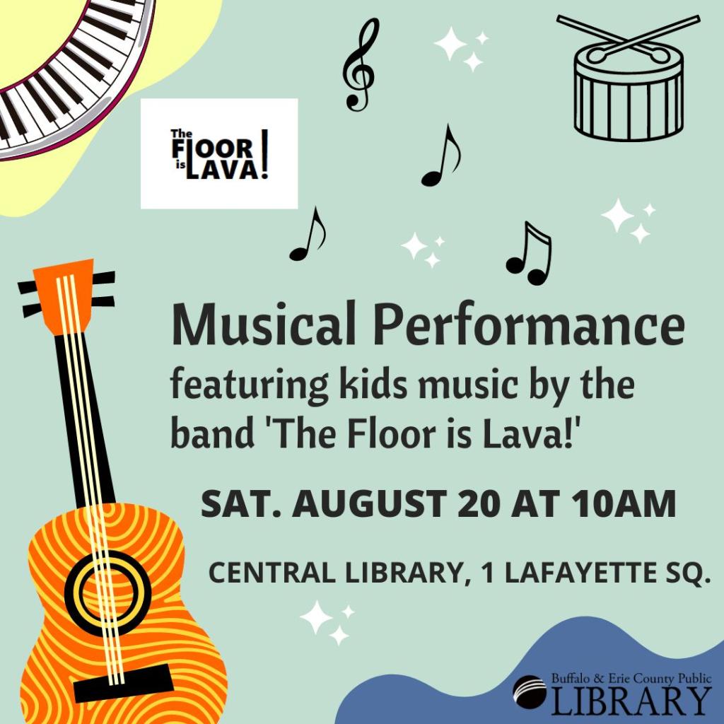 Floor is Lava, kids music band, Saturday August 20 at 10am at the Central Library