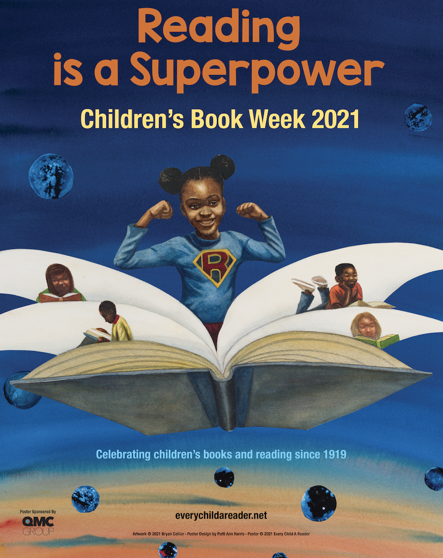 Little girl dressed like superhero riding a flying book