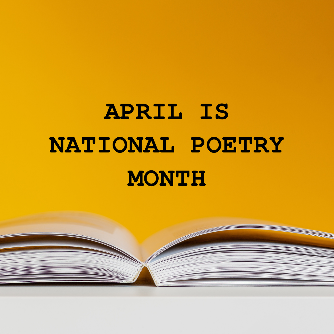 open book in front of bright yellow background "April is National Poetry Month"