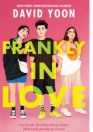 Cover of frankly in love. Pink background and three teens standing