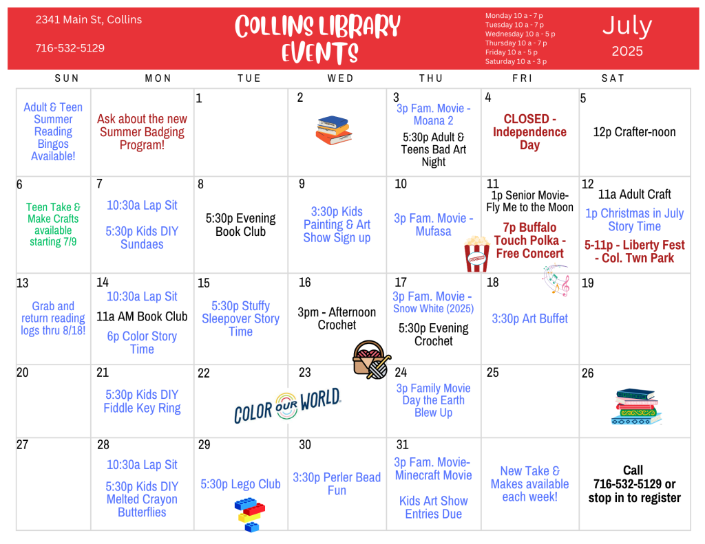 July Program Schedule, available at: https://buffalolib.libcal.com/calendar/events?cid=12898&t=m&d=2025-07&cal=12898&cm=5199&inc=0