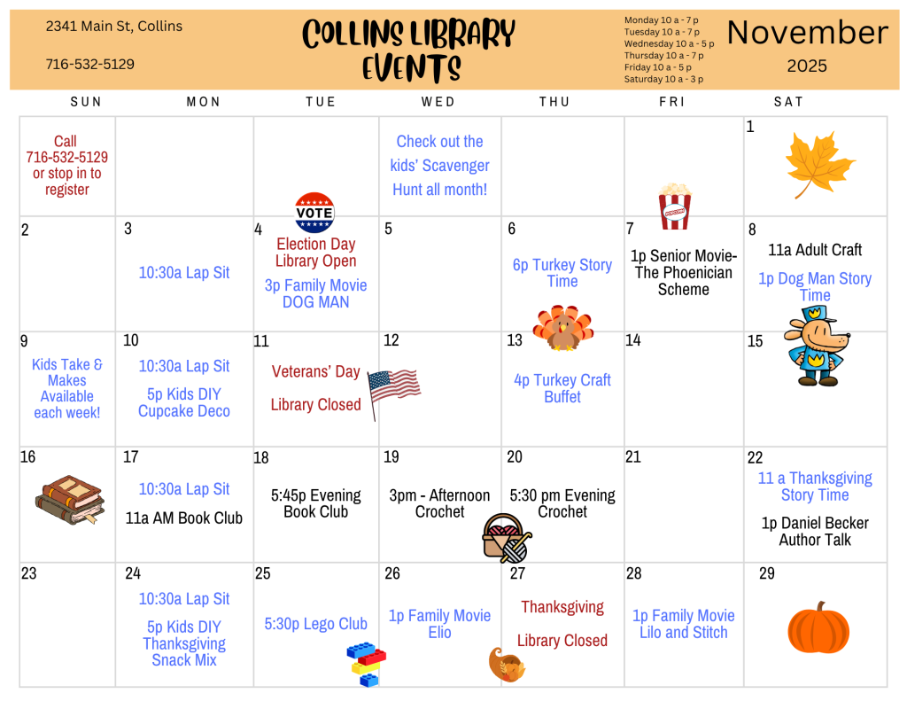 November Month's Programs - Details Here: https://buffalolib.libcal.com/calendar/events?cid=12898&t=m&d=2025-11&cal=12898&cm=5199&inc=0