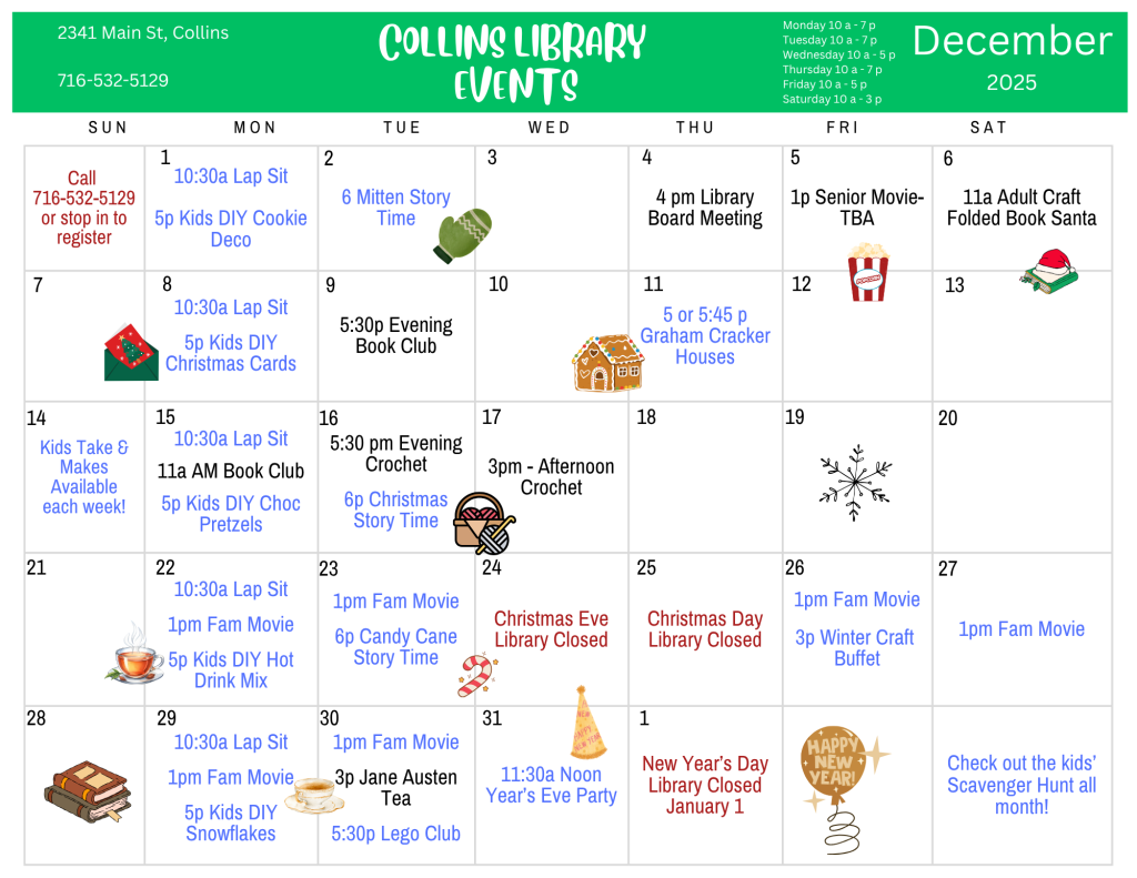 December event calendar - details at https://buffalolib.libcal.com/calendar/events?cid=12898&t=m&d=2025-12&cal=12898&cm=5199&inc=0