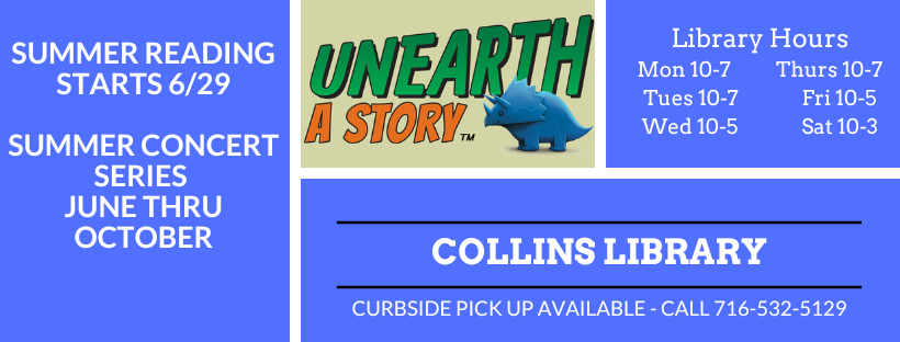 Blue background and image of Dinosaur with Text "Summer Reading starts 6/29, Summer Concert Series June thru October" with Library Hours and phone