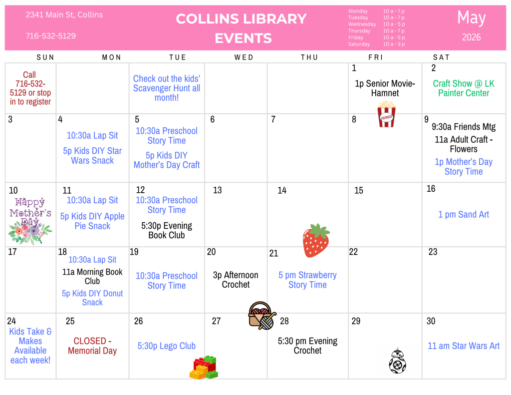 May 2026 Event Calendar Details available https://buffalolib.libcal.com/calendar/events?cid=12898&t=m&d=0000-00-00&cal=12898&cm=5199&inc=0