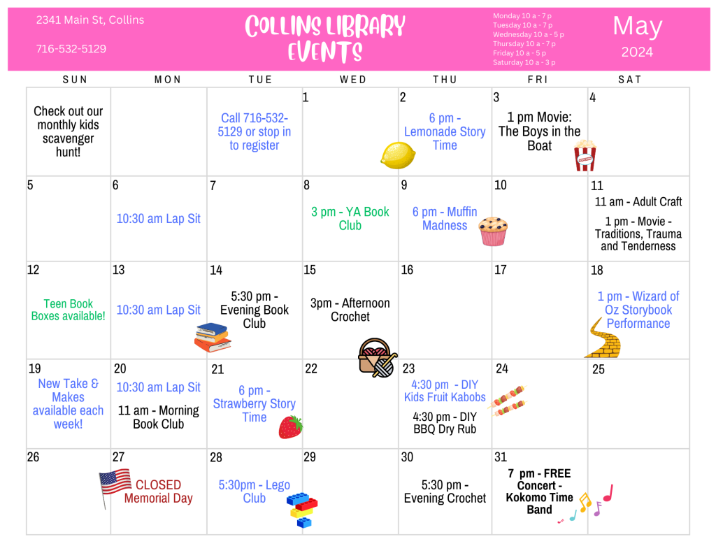 May 2024 Calendar of Events - details below or at  https://buffalolib.libcal.com/calendar/events?cid=12898&t=m&d=0000-00-00&cal=12898&cm=5199&inc=0