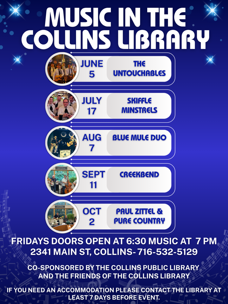 Music in the Collins Library flyer, text follows