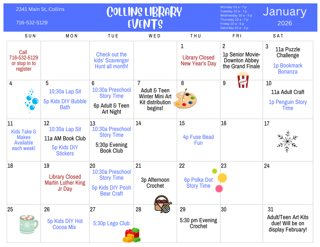 January 2026 events - details available https://buffalolib.libcal.com/calendar/events?cid=12898&t=m&d=2026-01&cal=12898&cm=5199&inc=0