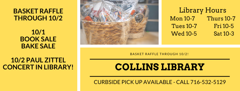 Ywlle Background with image of prize baskets. Hours listed below. Basket Raffle through 10/2. 10/1 Book Sale, Bake Sale. 10/2 Paul Zittle Concert in library.