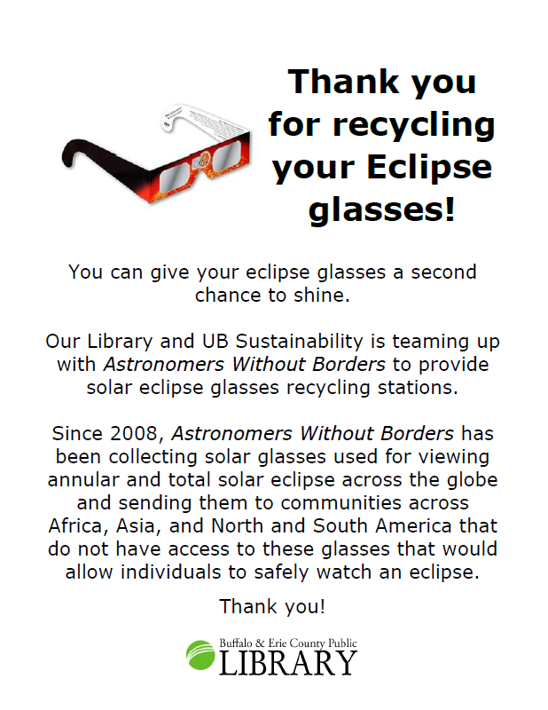 Bring your used eclipse glasses to the library for recycling with Astronomers without Borders!