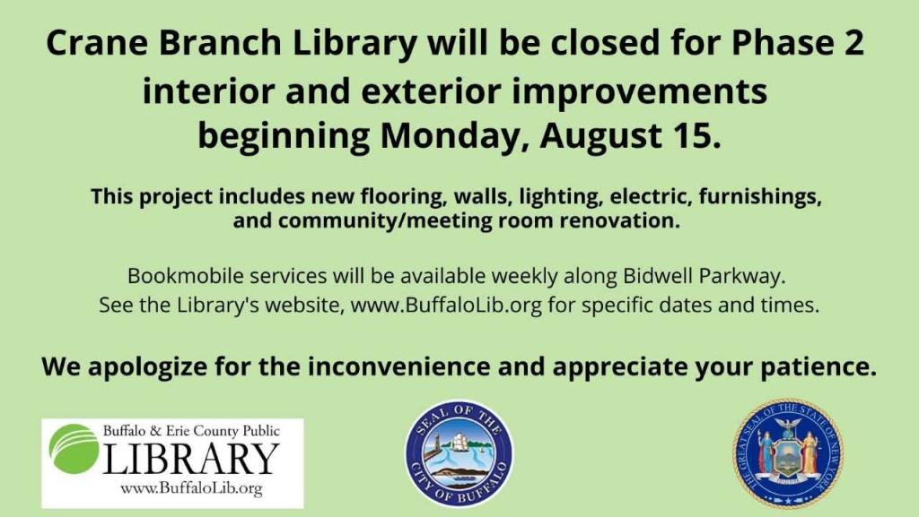 Crane Branch Library will be closed for Phase 2 interior and exterior improvements beginning Monday, August 15. 
