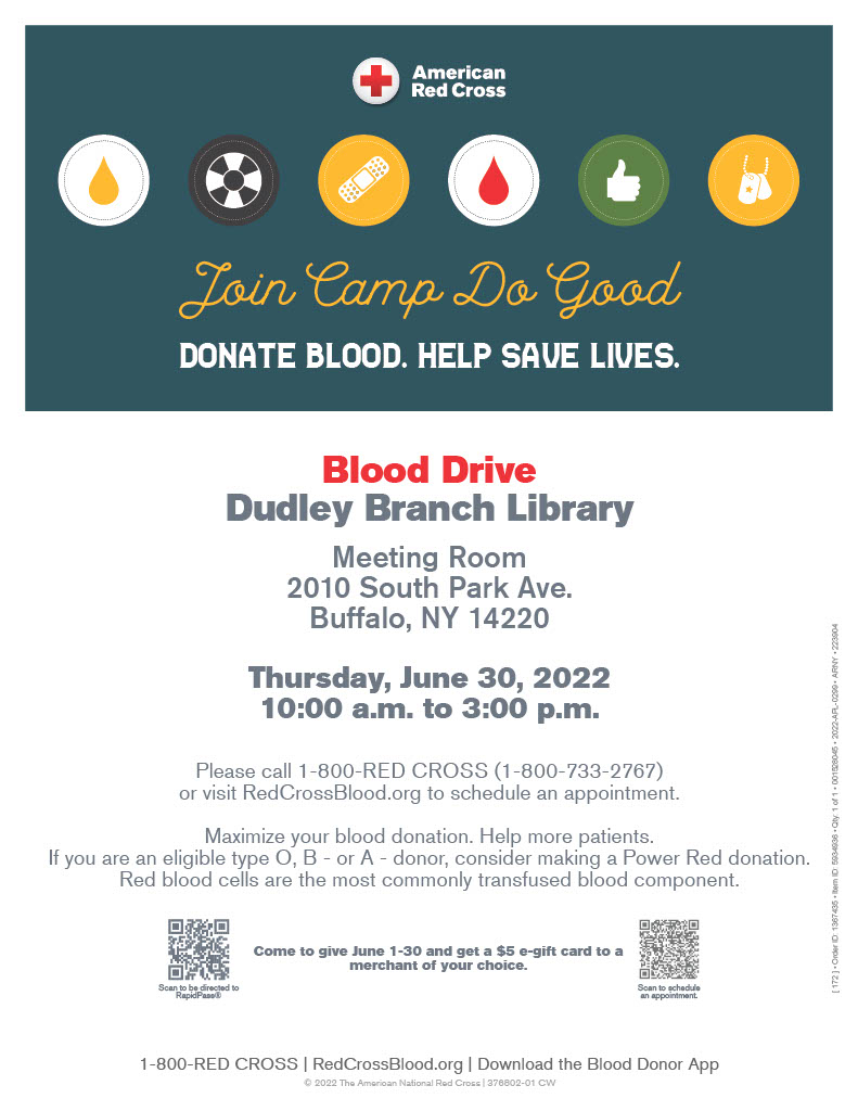 Poster advertising a Red Cross Blood Drive happening on Thursday, June 30th from 10-3.