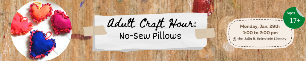 Adult patrons are invited to participate in a relaxing afternoon art activity. To register for this program, stop by the library or call us at #716-668-4991 Date & Time: Monday, January 29th at 1pm This month's project is: No-Sew Pillows