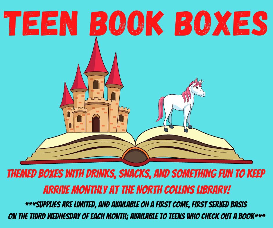 Teen Book Boxes available while supplies last on the third Wednesday of every month, starting in September, with a drink, a snack, and something fun to keep.