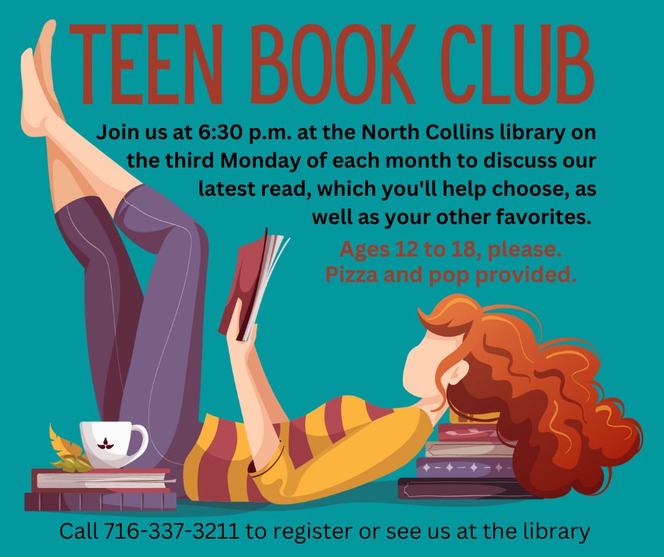 Teen Book Club meets at 6:30 p.m. on the third Monday of each month; pizza and pop provided