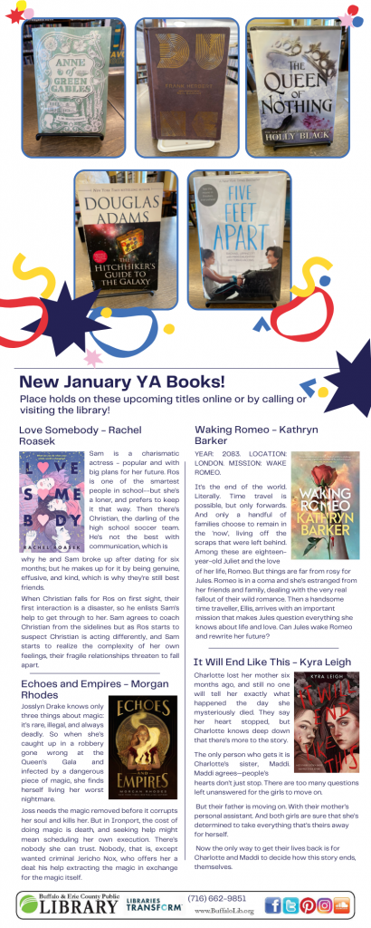 Teen Newsletter including upcoming events for teens ages 13-17 at the Orchard Park Public Library. For more information please call 662-9851. 