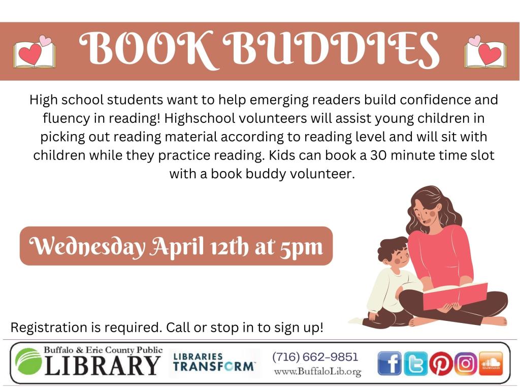 book buddies april 12th at 5pm please call to sign up 716-662-9851