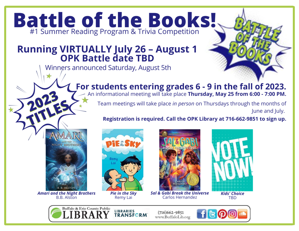 Battle of the Books Information meeting May 25th from 6-7 PM