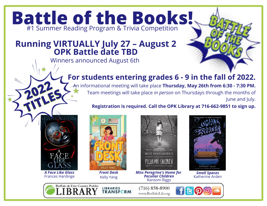 Battle of the Books is Back! Thursday May 26th from 6:30-7:30pm info session call or stop in to sign up