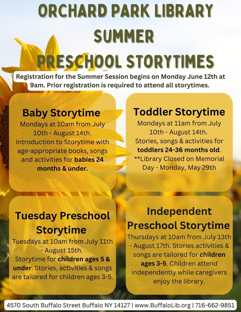Storytime Flyer for summer session beginning July 10th and running through August 18th