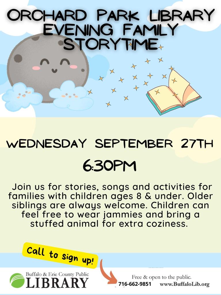 Evening Family Storytime Wednesday September 27th at 6:30pm