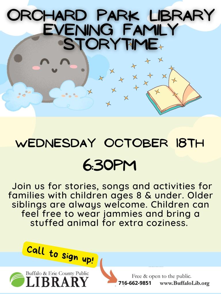 Evening Family Storytime Wednesday October 18th from 6:30-7:30pm