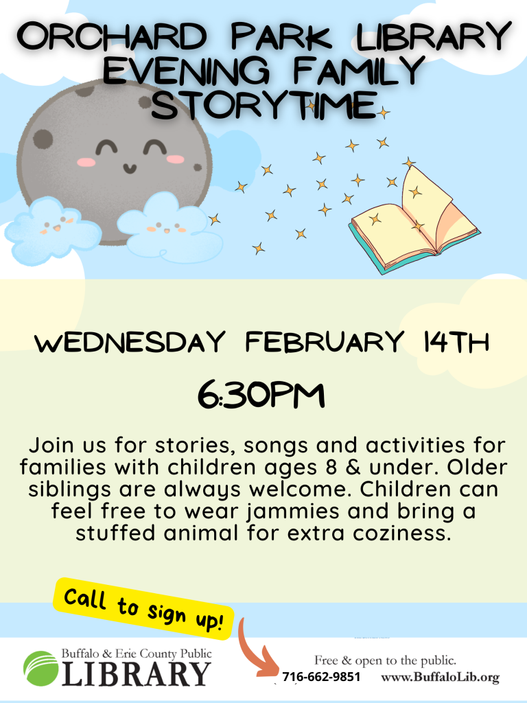 Wednesday February 14th 6:30PM Family Storytime call to sign up