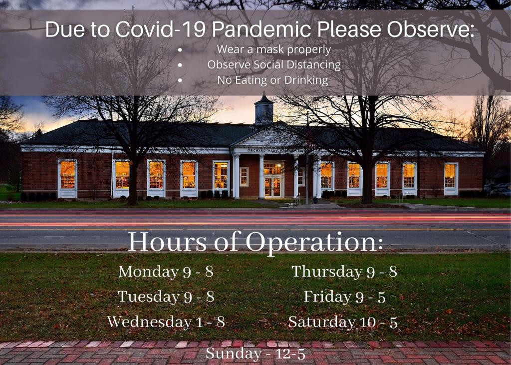Hours of operation Monday 9-8, Tuesday 9-8, Wednesday 1-8, Thursday 9-8, Friday 9-5, Saturday 10-5, Sunday 12-5