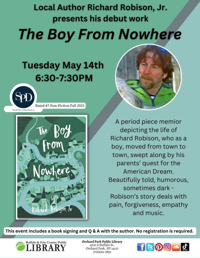 Tuesday May 14th visit with local author Richard Robison no registration is required. Call 716-662-9851 for more information.