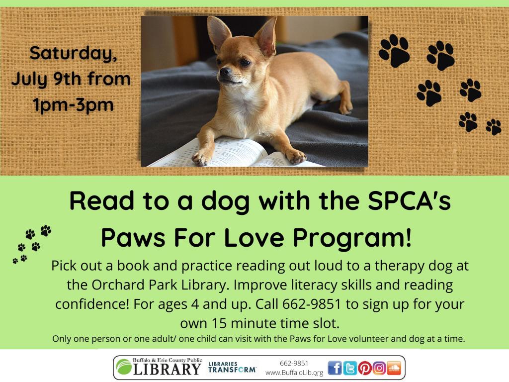 paws for love Saturday july 9th from 1pm-3pm call to sign up to read to a dog