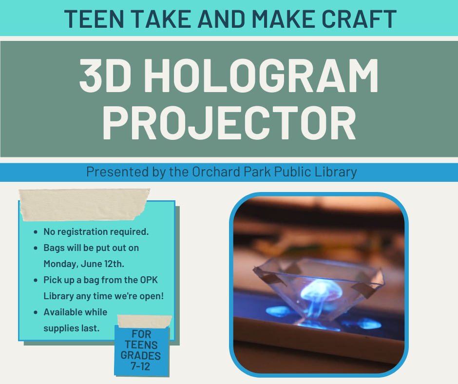 June's Teen Take & Make is a 3d Hologram Projector and can be picked up anytime beginning Monday, June 12th
