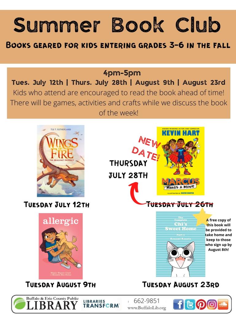 Orchard Park Summer Book Club for kids going into grades 3-6 in the fall. Call 662-9851 to sign up. 