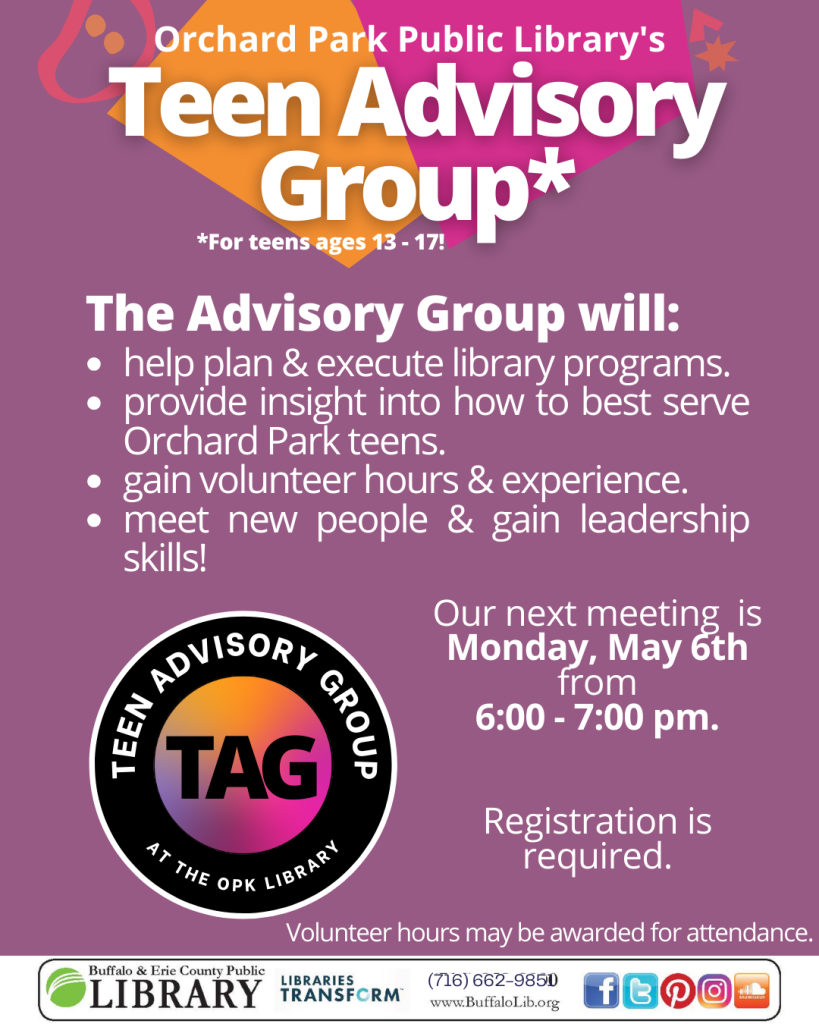 May TAG meeting is Monday, May 6th from 6-7 PM