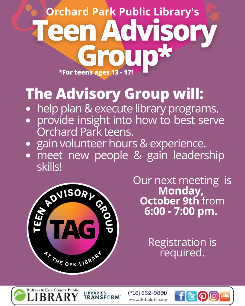 October's TAG Meeting is Monday October 9th from 6 to 7 PM