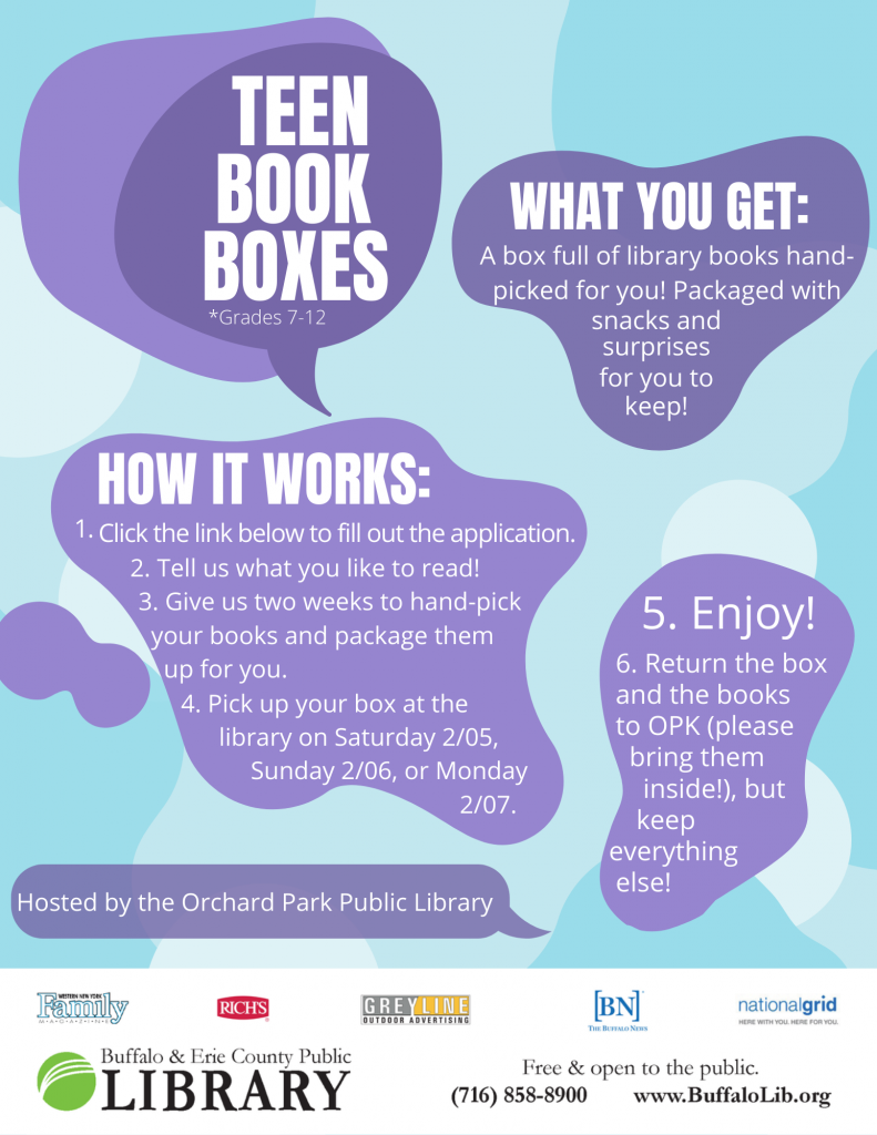 Teen Book Boxes are available for the month of February, please call 662-9851 to sign up. 