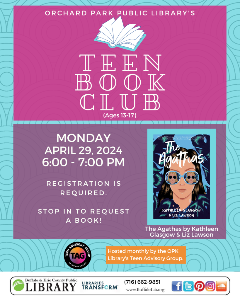 April's Teen Book Club is Monday 4/29/24 at 6 PM. We will be reading and discussing The Agathas by Kathleen Glasgow & Liz Lawson