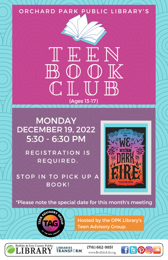 teen book club monday december 12 from 6-7pm. call to sign up.
