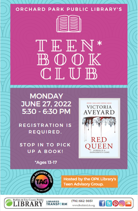 Teen Book Club Monday June 27th 5:30-6:30pm call 662-9851 or stop in to sign up