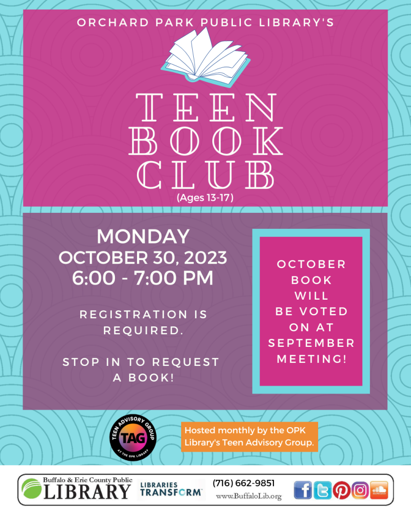 October's Teen Book Club is on Monday October 30th from 6 to 7 PM