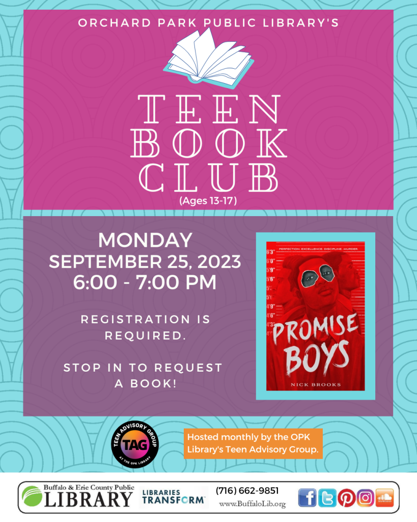 September's Teen Book Club is Monday September 25th from 6 to 7 PM