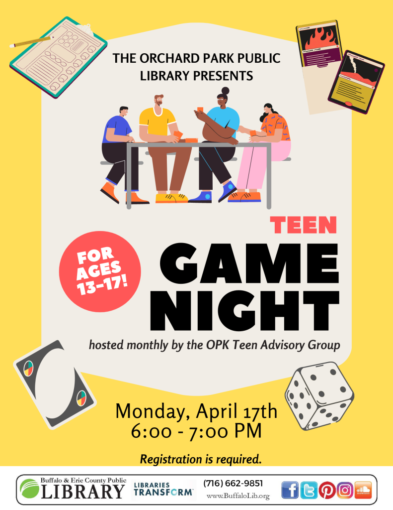 Teen Game Night April 17th from 6-7 PM