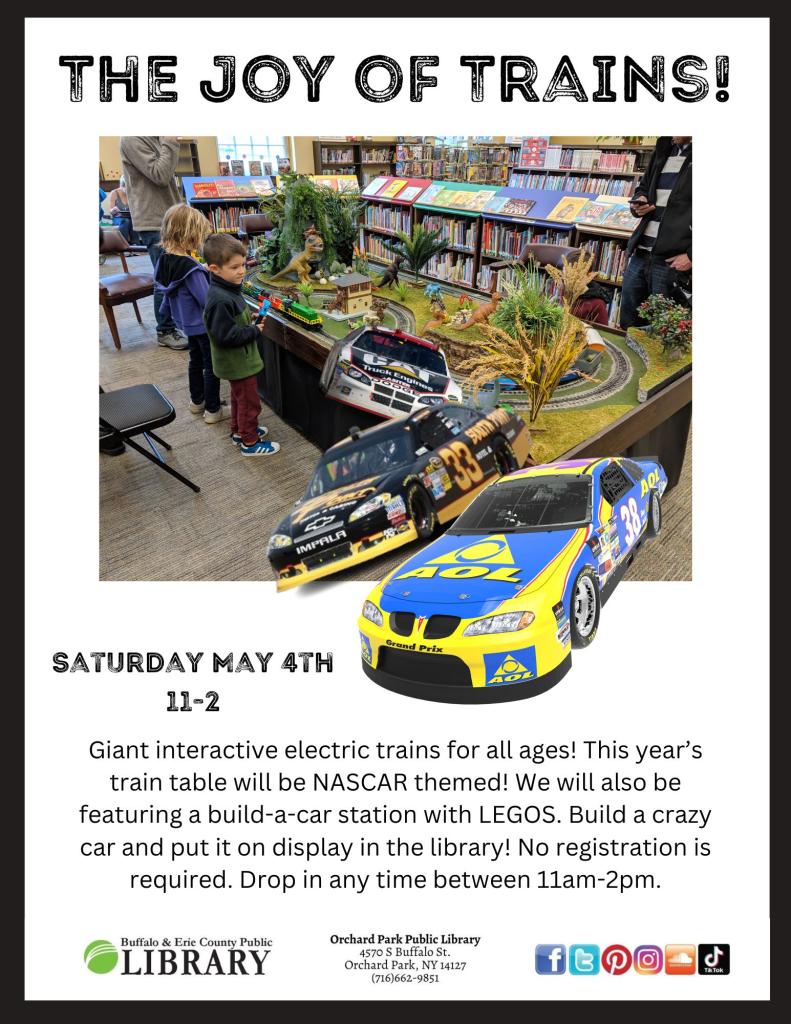 Giant interactive electric trains for all ages! This year’s train table will be NASCAR themed! We will also be featuring a build-a-car station with LEGOS. Build a crazy car and put it on display in the library! No registration is required. Drop in any time between 11am-2pm. 